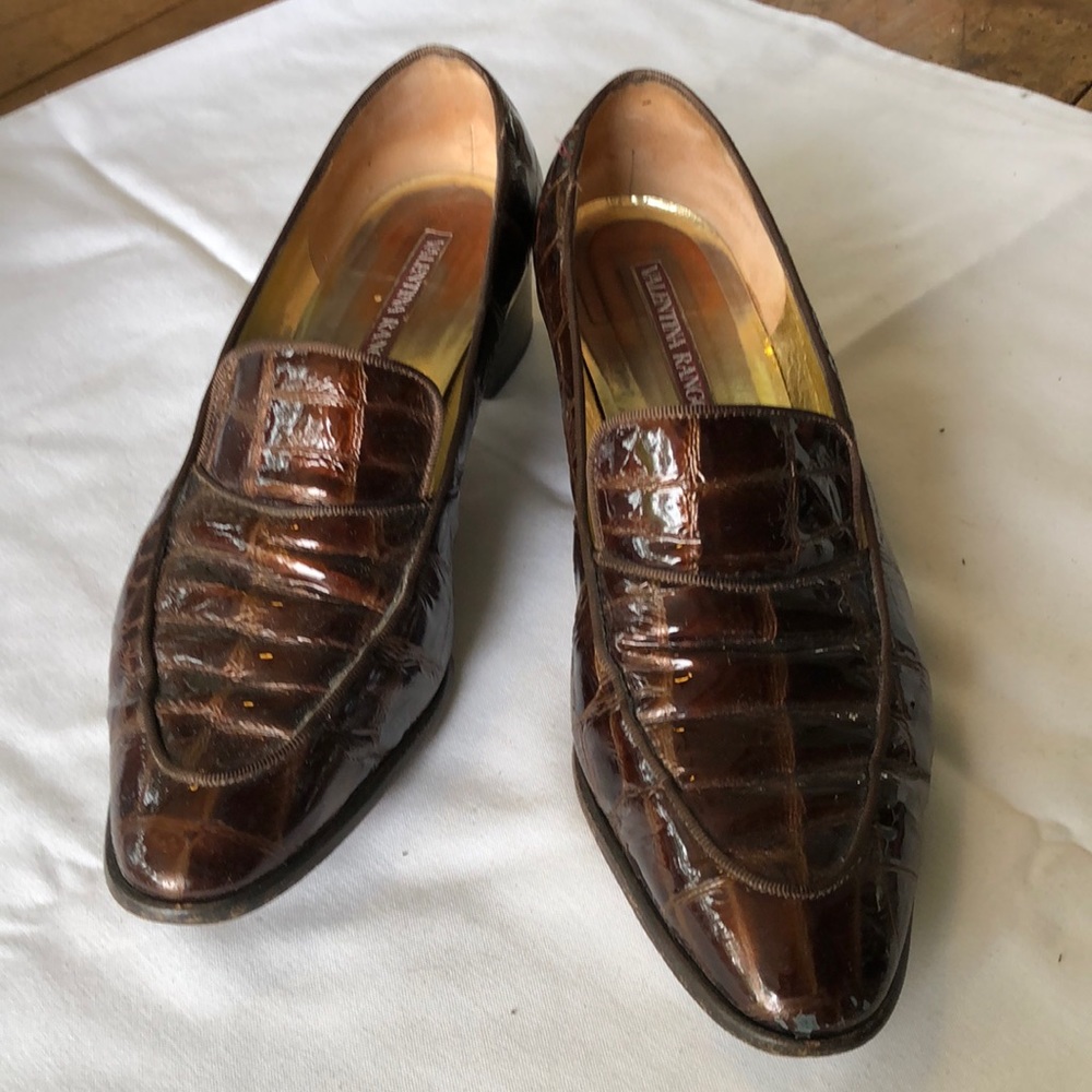 Valentina Rangoni brown crocodile patent leather loafer